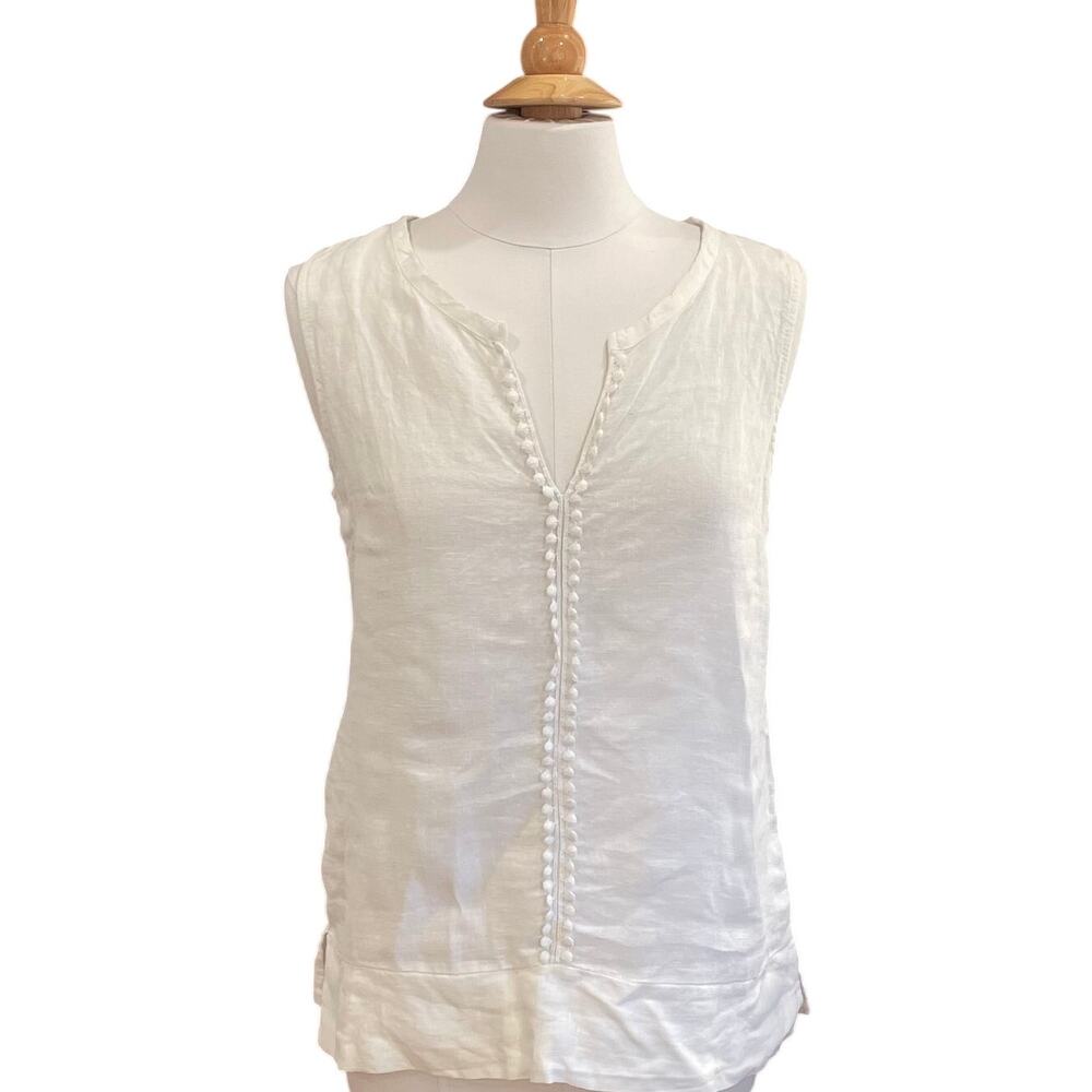 Alessia Pacini White Linen Sleeveless Blouse, Embroidered Trim, Coquette, S